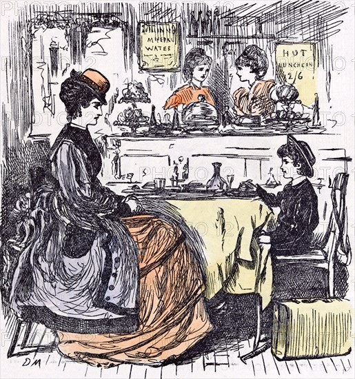 Governess and boy at the restaurant, 1873, suitcase; table; food; mineral water; hot luncheon; cafe, pudding, jolly; table cloth; hat; counter; servants; waitress; travel; holiday; away; elsewhere