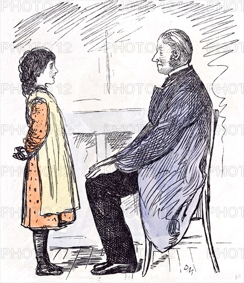 The Girl and the Headmaster, 1873, interior; at home; young and old; chair; sitting, listening; alert; all ears; aware; interested; mindful; observant; regardful; studious; watchful