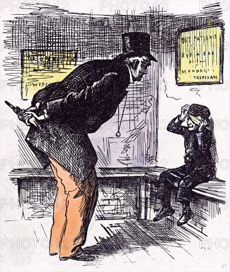 Hurt Boy, 1873, hitting; question; old man; eye and ear; bench; sitting; umbrella, interior; sad; bitter; cheerless; depressed; sorrowful; melancholy; troubled; bad; unfortunate; unhappy; dark