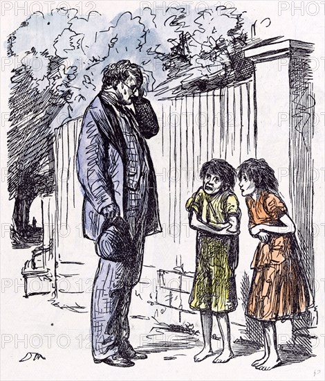 Begging children, 1873, incomplete education; shivering; man; street; unhappy; cold; unfair; fence; chill; chilliness; coldness