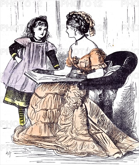 Sunday evening, girl and mother, 1874, book; reading; sitting; chair; at home; interior; mamma; mom; mum; mommy; story; telling; listening; family; parent; daughter