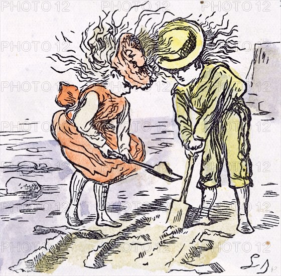 At the seaside, 1873, beach, sea, spade, holiday; weekend; wind; breeze; digging; hats