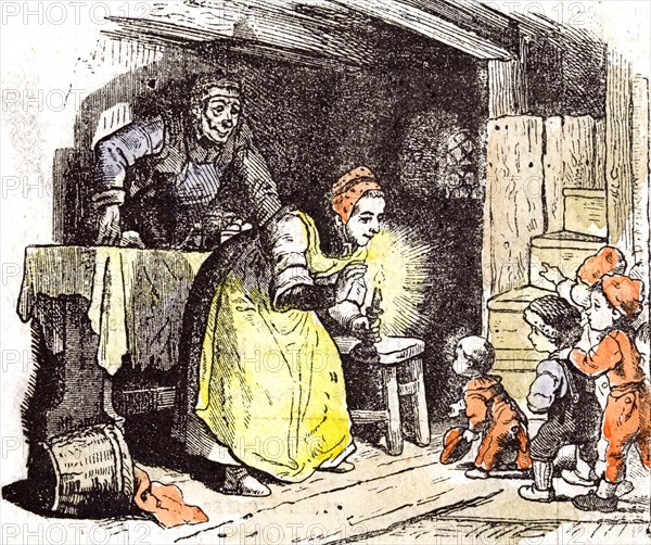 Telling a fairy tale, children, 1855, children, story; grandmother; at home; excitment; to bed; stairs; old man; family life; candle; table; basket; hamper; emotion; thrill; amusement; joy; love; warmth;