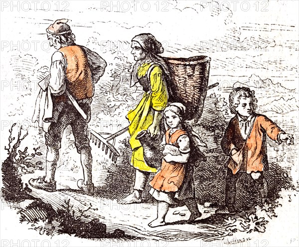 family coming back from the field, 1855, woman; man; mother; father; ma; jug; basket; fork; farm life; homestead; outdoor; country life; rural life; barefoot; axe; chop