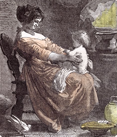 Mother and child by M. van Muyden, 1855, interior; washing; dressing; family; hapiness; warmth; pigeon; genre painting; swiss; chair; earthen; stoneware; pottery; dish; cloth; happiness; security; safety; safeness; shelter; mother;