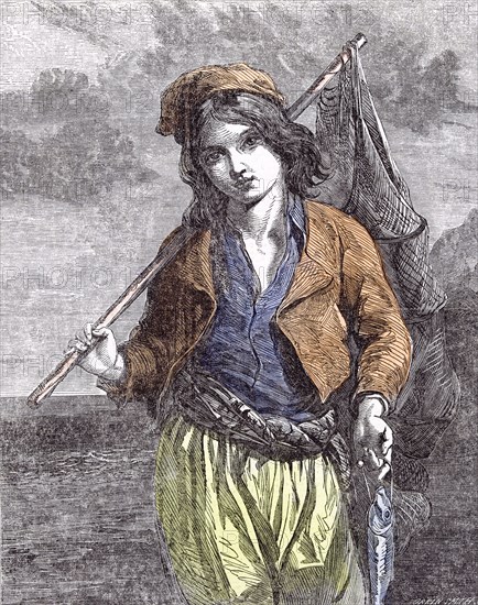 Napolitan fisher boy by G.F. Hurlstone, 1855, Napoli; Italy; fishing; fish; net; sea; Idilic; rural life; outdoors; the catch; health; food; idyllic; natural, rustic; simple; arcadian; charming; ideal; heavenly; unspoiled