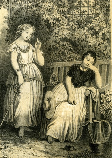 Garden, girls, 19th century, bench, flowers, hat, closed eyes, book