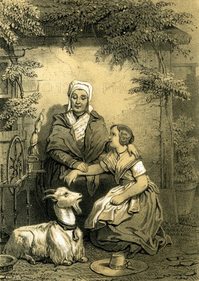 Goat, woman, girl, spinning wheel, 19th century, hat, garden