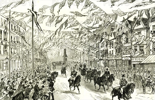 Whitechapel, London, U.K., 1887, Royal procession in High street, East London, horses, people, flags, event