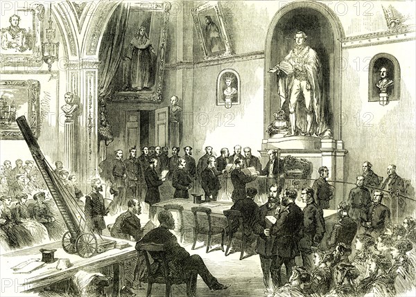 The Lord Mayor at Guildhall; London; U.K.; 1867. Presenting rewards for saving life from fire; London; Great Britain