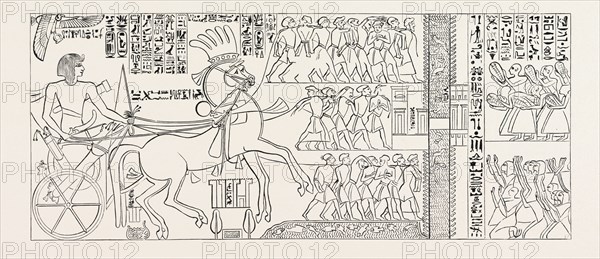 THE SUEZ CANAL OF SETI I, Pharaoh of Egypt, . (From a bas relief on the exterior north wall of the Temple of Karnak, Thebes.)  Egypt, engraving 1879