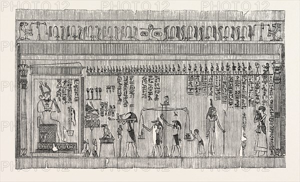 REPRESENTATION OF THE EGYPTIAN JUDGMENT OF THE DEAD. ( Vignette of the 125th chapter of the Turin Ritual.)  Egypt, engraving 1879