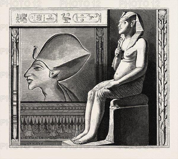 PORTRAIT STATUE AND RELIEF OF THE FANATICAL KING AMENOPHIS IV.  Egypt, engraving 1879