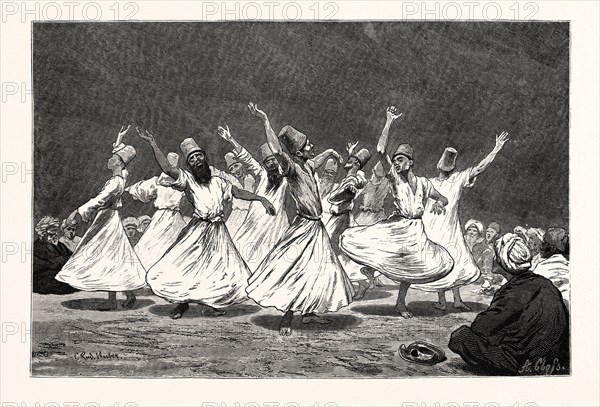 ZIKR WITH WHIRLS. Dhikr or Zikr is an Islamic devotional act, Egypt, engraving 1879