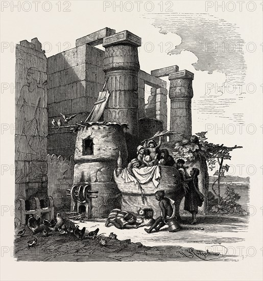 NURSERY FOR CHICKENS AND CHILDREN IN THE RUINS OF LUKSOR. Egypt, engraving 1879