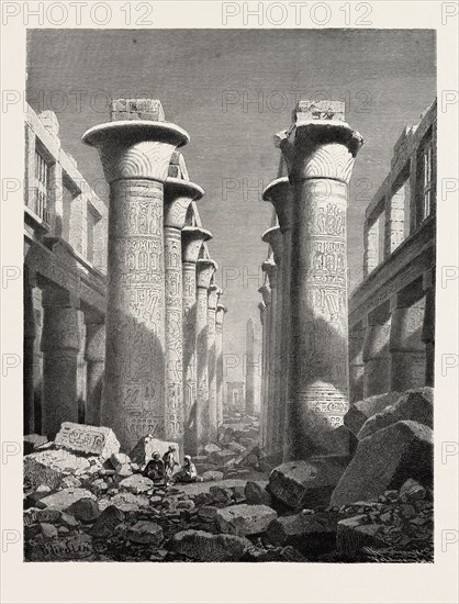 THE GREAT HALL OF PILLARS AT KARNAK. Egypt, engraving 1879