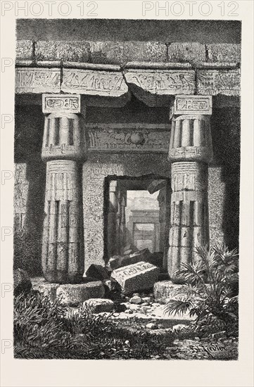 FORECOURT AND ENTRANCE OF THE HOUSE OF SETI (TEMPLE OF KURNAH). Egypt, engraving 1879