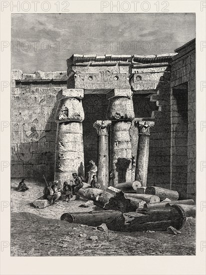 COURT WITH REMAINS OF A CHRISTIAN CHURCH AT MEDINET HABOO. Egypt, engraving 1879