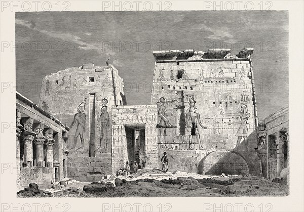 PERISTYLE IN THE TEMPLE OF ISIS ON THE ISLAN OF PHILAE. Egypt, engraving 1879