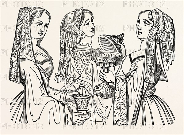 Head dresses, from Tapestry, temp. Henry VIII., UK, britain, british, europe, united kingdom, great britain, european