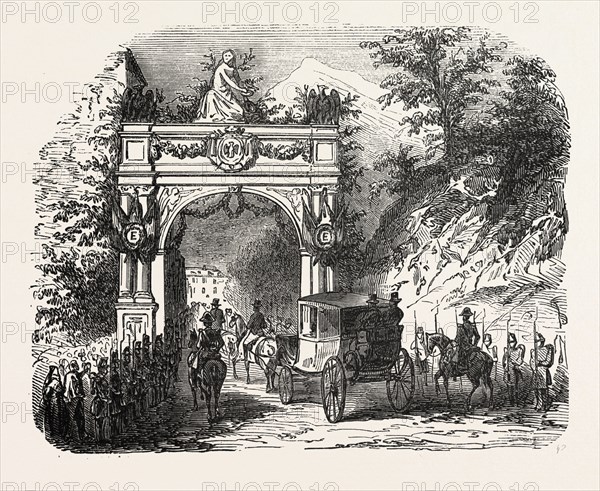 Arc de triomphe erected at the entrance of Eaux-Bonnes, for the reception of the Empress. Pyrénées-Atlantiques, France. engraving 1855