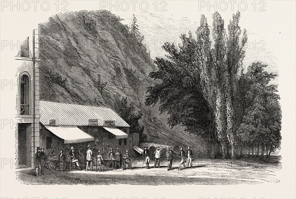 The English Garden and coffee house Dorothee. Eaux-Bonnes, Pyrenees-Atlantiques, France. engraving 1855