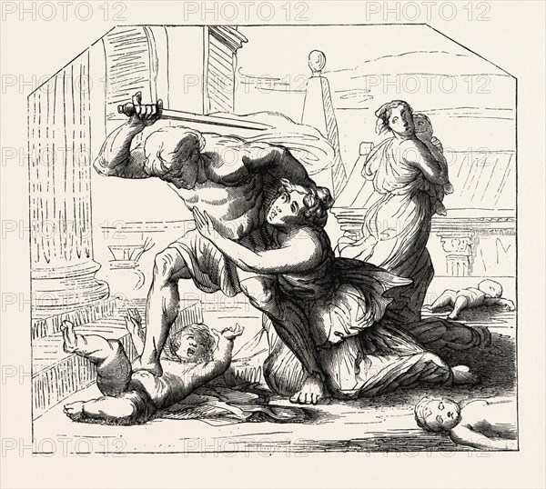 Massacre of the Innocents by Nicolas Poussin: Primitive  sketch. engraving 1855