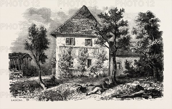 Country house in Lechwitz, formerly inhabited by C.M. Weber  and today by L. Richter. 1855. Czech republic, Engraving