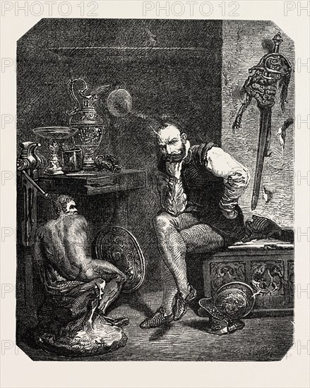 Benvenuto Cellini in his studio, painting byM.  Robert Fleury. engraving 1855