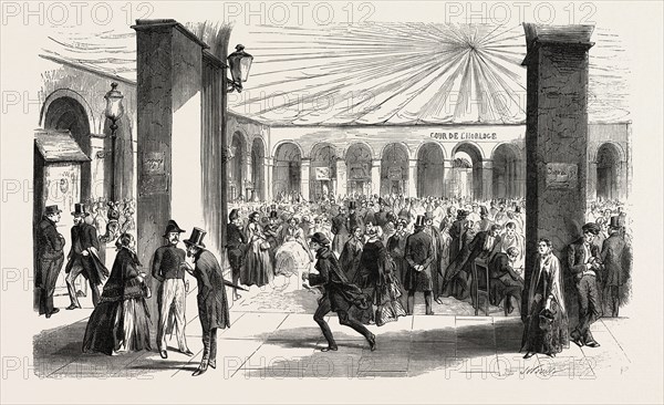 Subscribers to borrow 750 million at night, under the arches, and the day in the courtyard of the Ministry of Finance. France. engraving 1855