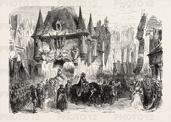 Theatre de la Porte-Saint-Martin. Paris. Entry of Charles VII. Decoration by MM. Cambon and Thierry. France. engraving 1855