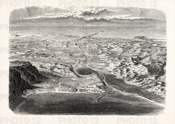 Panoramic view of the Suez Canal and the canal of the two seas, according to the draft  MM. Linant Bey  and Mougel-Bey, engineers of S.A. Mohammed Said, viceroy of Egypt. engraving 1855