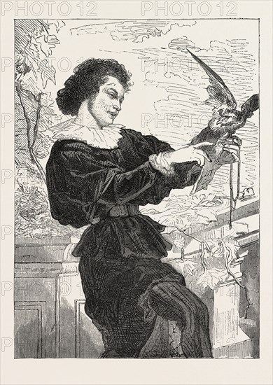 Salon of 1855. The Young Falconer, painting by Couture, France. engraving 1855