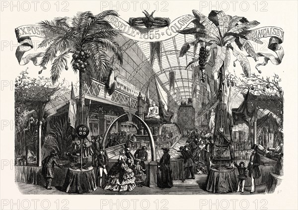 Industry Exhibition universal. Products of the French colonies. Paris, France, Exposition Universelle. An international Exhibition held on the Champs-Elysees in 1855, consisting of an industrial and an beaux Arts exposition. Engraving