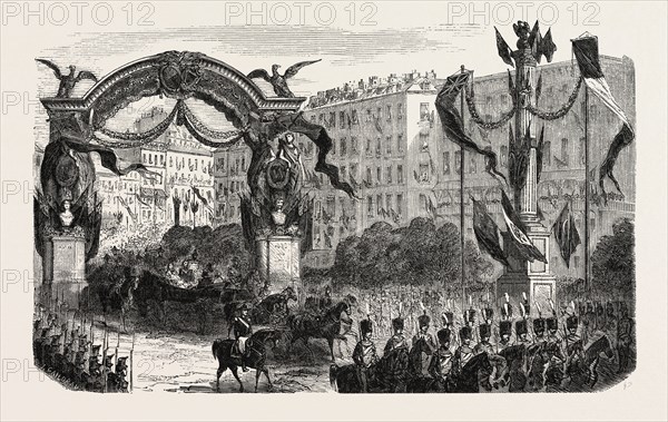 Passage of the Queen of England under the triumphal arch erected by the artists of the opera, and before the trophy made by the artists of the Opera-Comique. Queen Victoria. Paris, France. engraving 1855