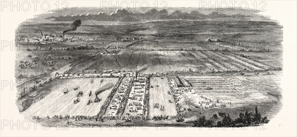 agricultural exhibition in Trappes (Seine-et-Oise), in the farm of Mr. Dailly, 14 August 1855, with the various devices of the universal exposition, and in the presence of SAI Prince Napoleon. Paris, France, Exposition Universelle. An international Exhibition held on the Champs-Elysees in 1855, consisting of an industrial and an beaux Arts exposition. engraving 1855