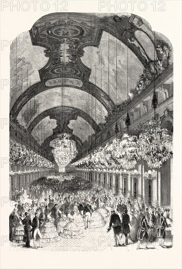 Entrance of LL. MM. Royals and Imperials in the Hall of Mirrors of the Palace of Versailles, August 25, 1855, France. Engraving