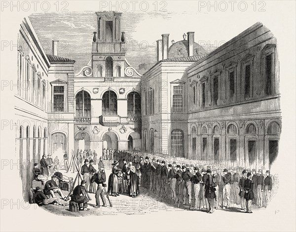 Inspection, in the courtyard of the townhall of Lyon, the young soldiers sent to Crimea. 1855. France. Engraving