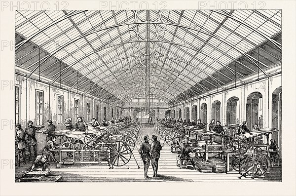 Universal Exposition: Workshop mecanical presses. Paris, France, Exposition Universelle. An international Exhibition held on the Champs-Elysees in 1855, consisting of an industrial and an beaux Arts exposition. Engraving
