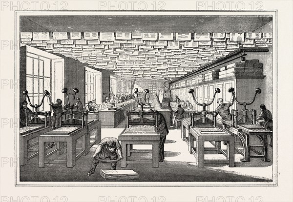 Universal Exposition: Workshop for manufacturing of paper money. Paris, France, Exposition Universelle. An international Exhibition held on the Champs-Elysees in 1855, consisting of an industrial and an beaux Arts exposition. Engraving