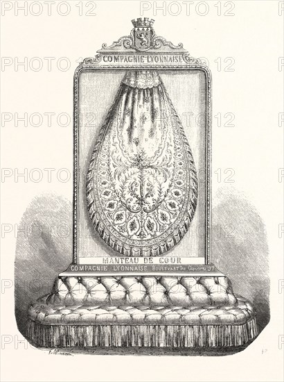 Exhibition ' manteaux de cour'  by the Company Lyonnaise, the palace of the industry. Paris, France, Exposition Universelle. An international Exhibition held on the Champs-Elysees in 1855, consisting of an industrial and an beaux Arts exposition. Engraving