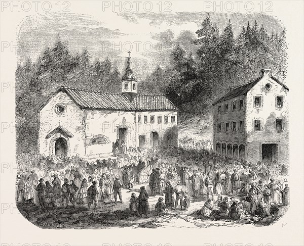 Fete of the Nativity of Our Lady: Pilgrimage to Our Lady of Font-Romeu (Pyrenees-Orientales), France, 1855. Engraving