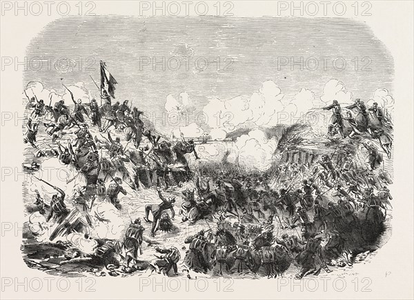 Defence of the gorge of Malakoff, grenadiers and light infantry of the guard, the infantry, the Zouaves and Tirailleurs Algerian. The Crimean War, 1855. Engraving