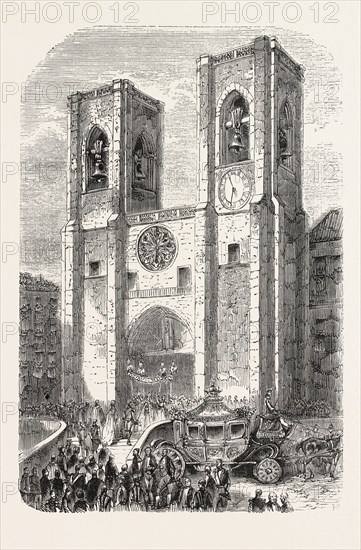 Inauguration of the reign of Don Pedro V as king of Portugal: Reception of the king by the patriarch in the cathedral. 1,855. engraving 1855