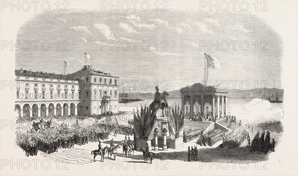 Recognition of the new sovereign on the Place du Commerce in Lisbon. Portugal, 1855. Engraving