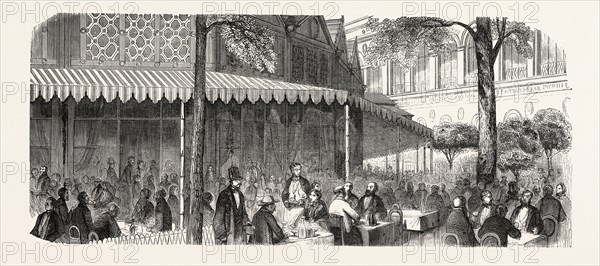 The Buffet at the Universal Exposition: Buffet around the rotunda Panorama. Paris, France, Exposition Universelle. An international Exhibition held on the Champs-Elysees in 1855, consisting of an industrial and an beaux Arts exposition. Engraving