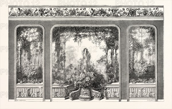 Industry Exhibition. Gardens of Armida, executed wallpaper by the house of Jules Desfosse. 1855. Paris, France, Exposition Universelle. An international Exhibition held on the Champs-Elysees in 1855, consisting of an industrial and an beaux Arts exposition. Engraving