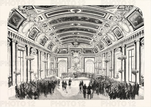 Day given by the exhibitors in the Hotel du Louvre. The reception room. France, 1855. Paris, France, Exposition Universelle. An international Exhibition held on the Champs-Elysees in 1855, consisting of an industrial and an beaux Arts exposition. Engraving