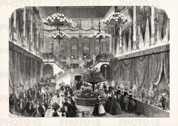 Day provided by exhibitors. The courtyard of the Louvre transformed for the buffet. Paris, France, Exposition Universelle. An international Exhibition held on the Champs-Elysees in 1855, consisting of an industrial and an beaux Arts exposition. Engraving