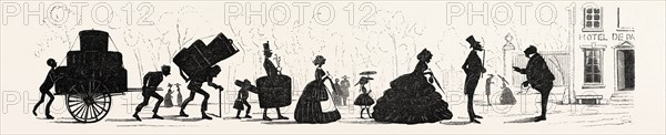 WATERS SILHOUETTES: Arrival of a French family. engraving 1855